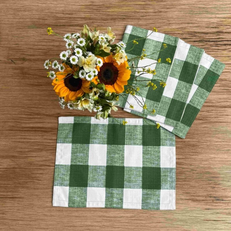 Pack: 4 individuales cuadros verdes + servilletero